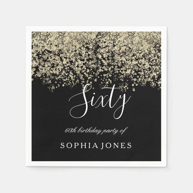 Gold Glitter Confetti Black 60th birthday party Napkin (Front)