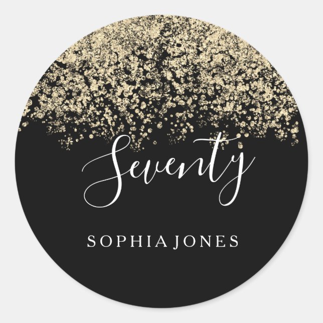 Gold Glitter Confetti Black 70th birthday party Classic Round Sticker (Front)