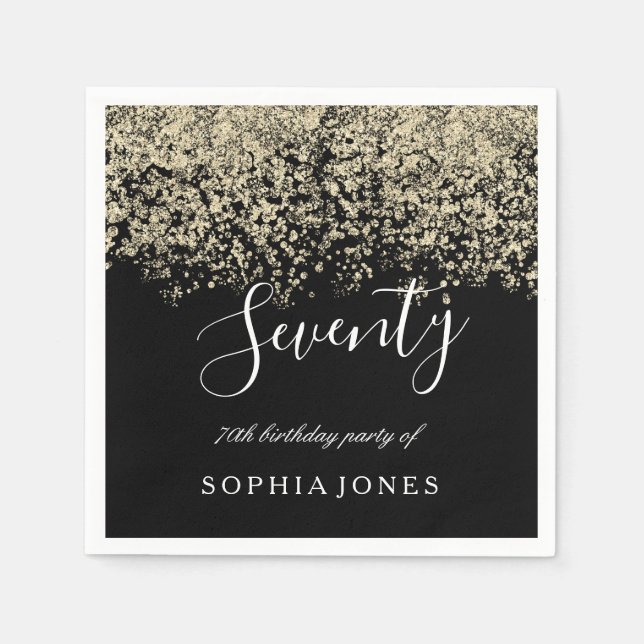 Gold Glitter Confetti Black 70th birthday party Napkin (Front)