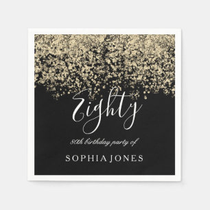 Gold Glitter Confetti Black 80th birthday party Napkin