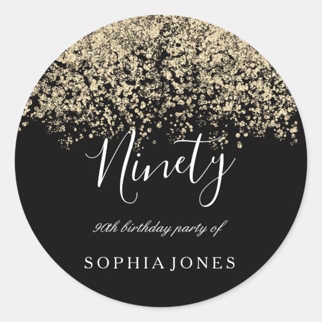 Gold Glitter Confetti Black 90th birthday party Classic Round Sticker (Front)
