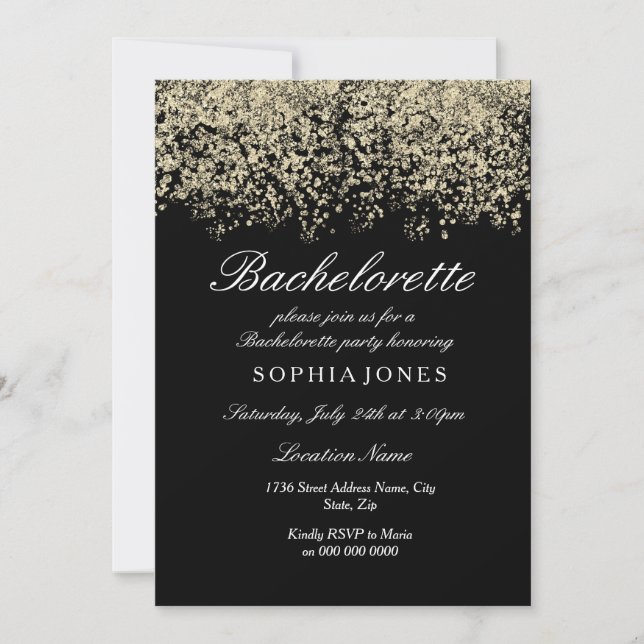 Gold Glitter Confetti Black Bachelorette Party Invitation (Front)