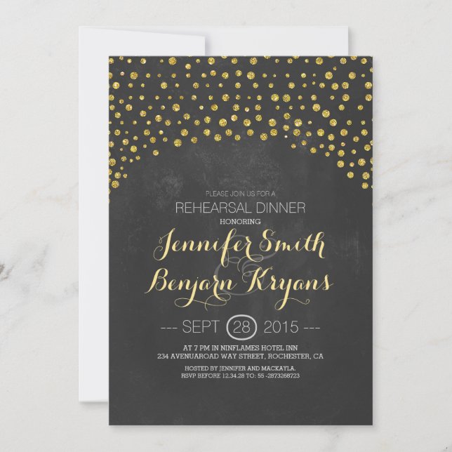 gold glitter confetti chalkboard rehearsal dinner invitation (Front)