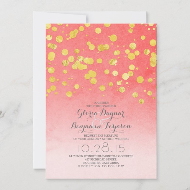 Gold glitter confetti coral pink wedding invites (Front)