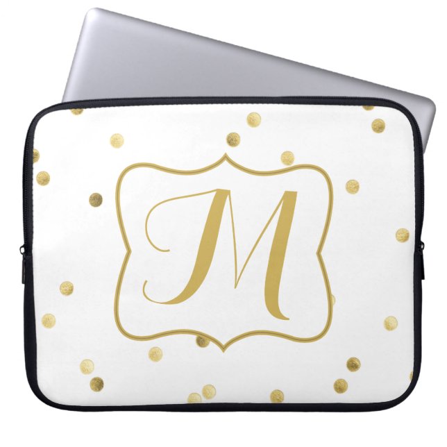 Gold Glitter Confetti Dot Monogram 15" Laptop Case (Front)