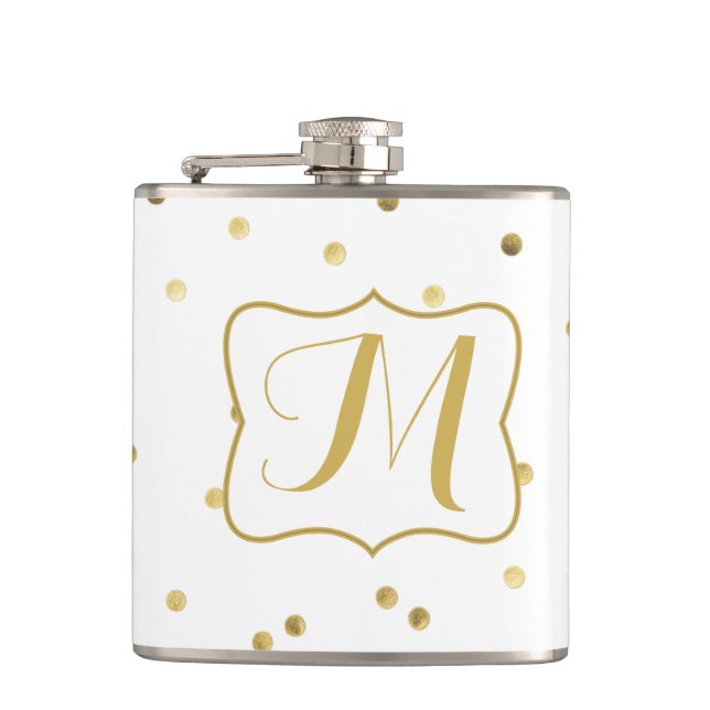Gold Glitter Confetti Dot Monogram Whiskey Flask (Front)