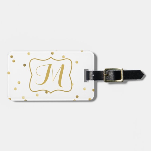 Gold Glitter Confetti Dot Pol Monogram Luggage Tag (Front Horizontal)