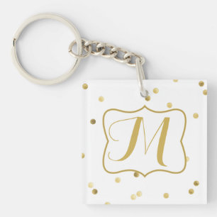 Gold Glitter Confetti Dot Polka Monogram Key Chain