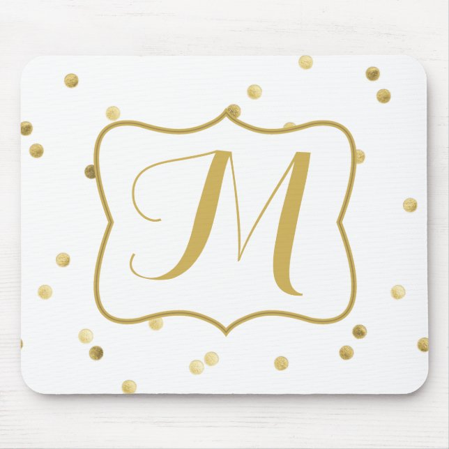 Gold Glitter Confetti Dot Polka Monogram Mouse Pad (Front)
