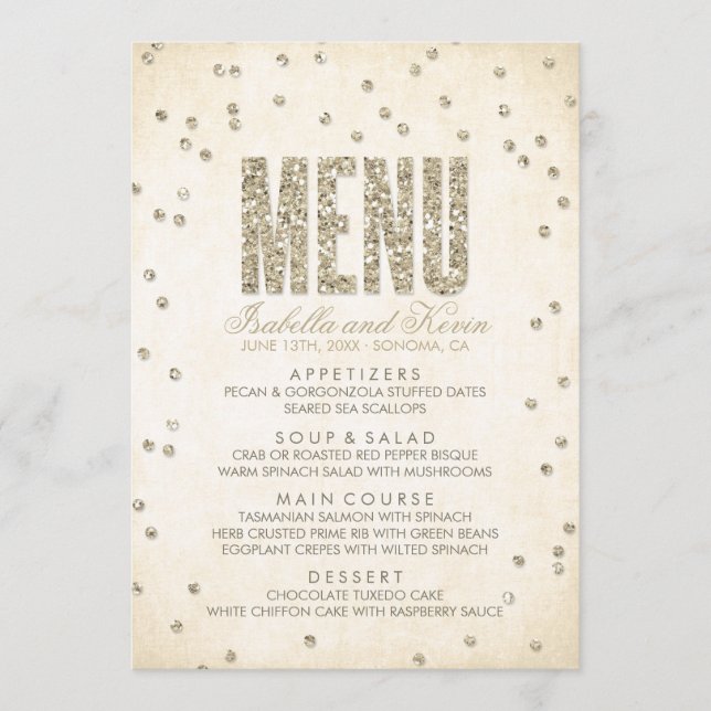 Gold Glitter Confetti Dots Wedding Menu (Front)