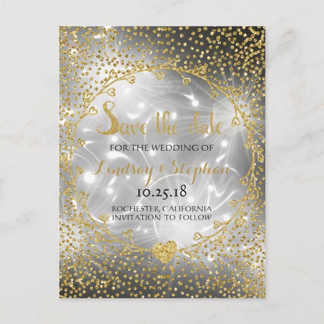 Gold Glitter Confetti Glam Fireworks Save the Date Announcement Postcard (Front)