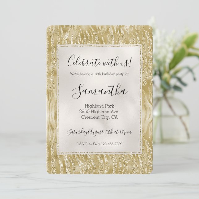 Gold Glitter Confetti Glitzy Zebra Print Invitation (Standing Front)