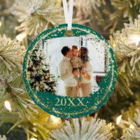Gold Glitter Confetti Green Family Photo Christmas