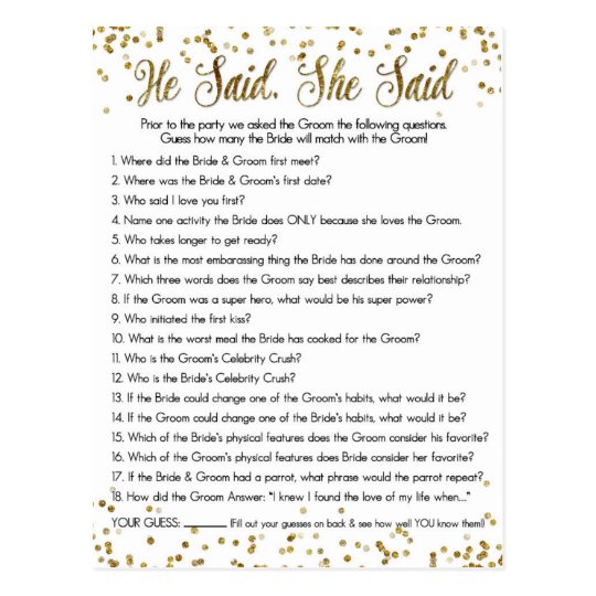 Gold Glitter Confetti He Said She Said Shower Game Postcard