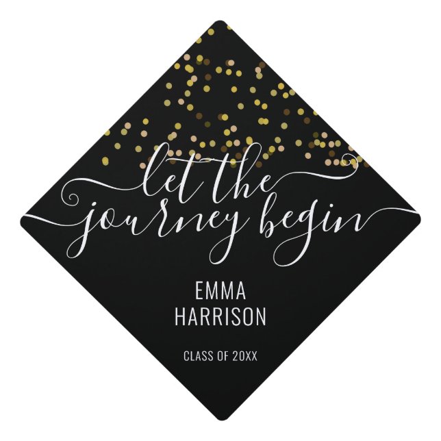 Gold Glitter Confetti Let The Journey Begin Graduation Cap Topper (Front)