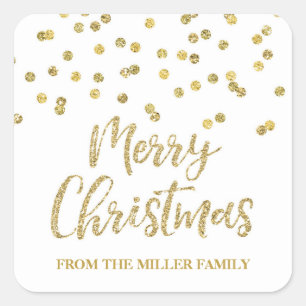 Gold Glitter Confetti Merry Christmas Custom Square Sticker