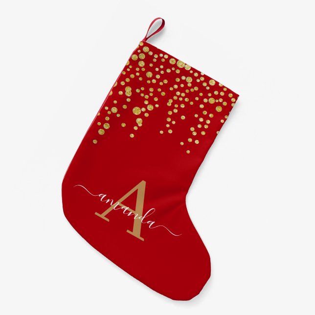 Gold Glitter Confetti Monogrammed Script Name Red Small Christmas Stocking (Front (Hanging))