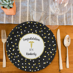 Gold glitter confetti nurse graduation party decor paper plate