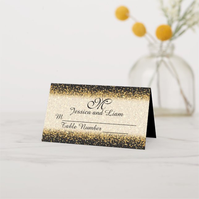 Gold Glitter Confetti on black Background Place Card (Front)