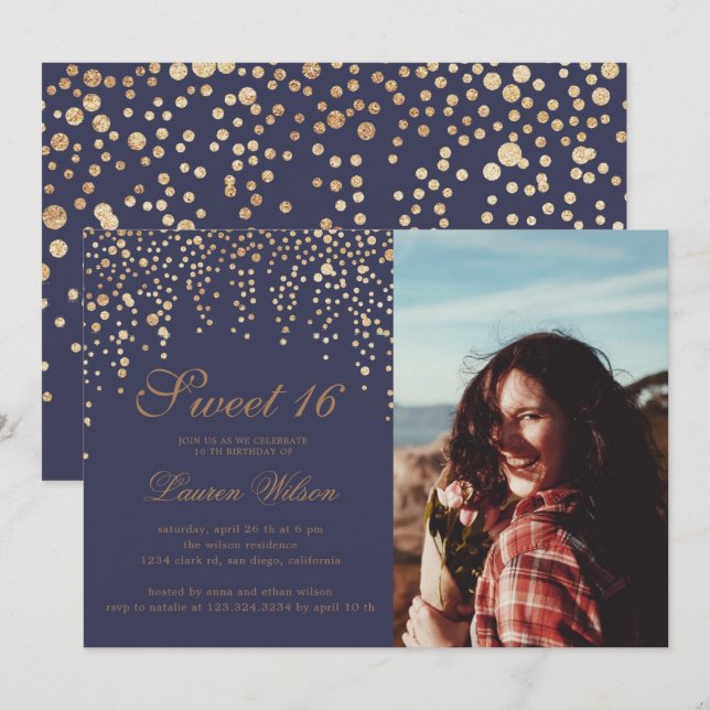 gold glitter confetti on plum sweet sixteen Photo Invitation (Front/Back)