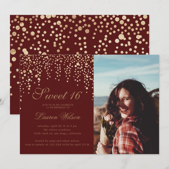 gold glitter confetti on red sweet sixteen Photo Invitation (Front/Back)