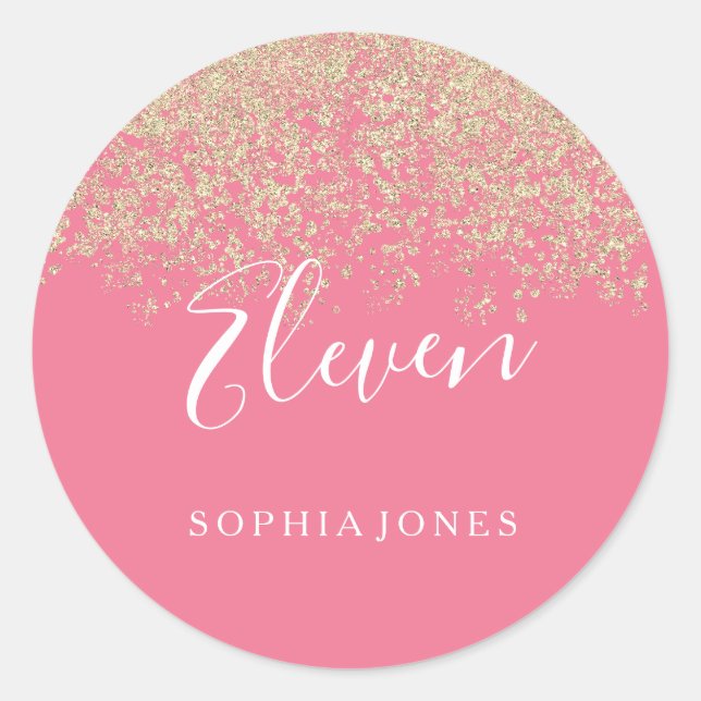 Gold Glitter Confetti Pink 11th birthday party Classic Round Sticker (Front)