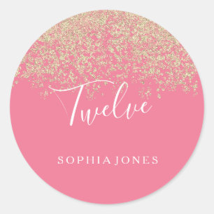 Gold Glitter Confetti Pink 12th birthday party Classic Round Sticker