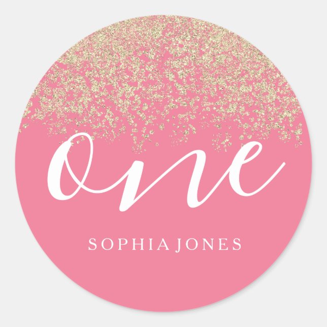 Gold Glitter Confetti pink 1st birthday party Classic Round Sticker (Front)