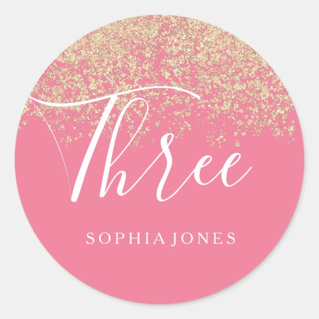 Gold Glitter Confetti Pink 3rd Birthday Party Classic Round Sticker (Front)