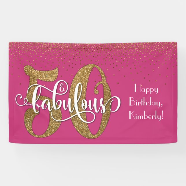 Gold Glitter Confetti Pink 50 & Fabulous Birthday Banner (Horizontal)