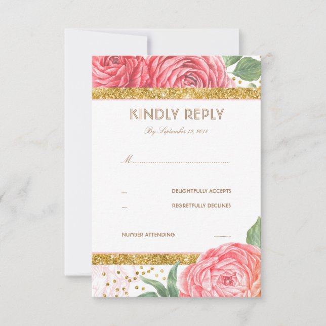 Gold Glitter Confetti Pink Floral Wedding RSVP Card (Front)