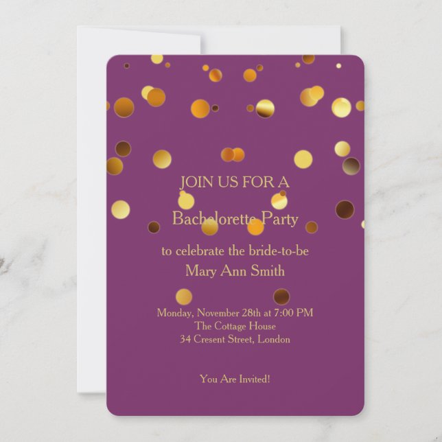 Gold Glitter Confetti Sparkles Purple Bachelorette Invitation (Front)