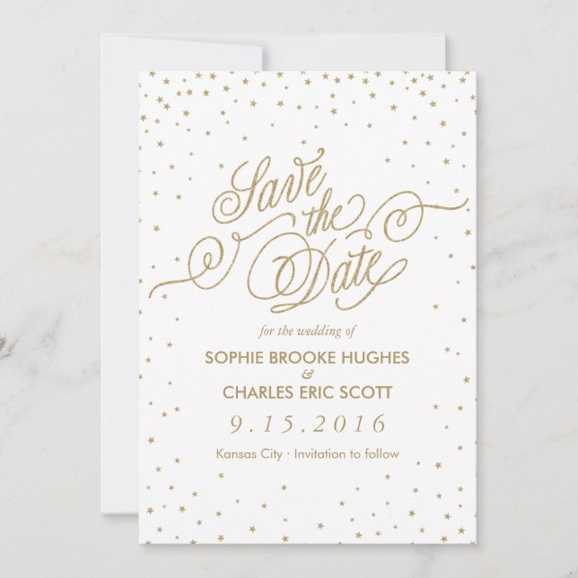 Gold Glitter Confetti Stars Fancy Save the Date (Front)