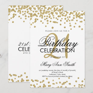 Gold Glitter Confetti White 21st Birthday Invitation