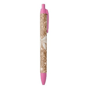 Gold Glitter Cream Faux Lace Bow Black Ink Pen