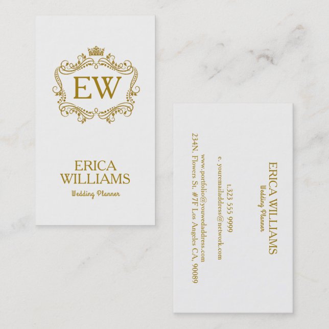 Gold Glitter Crown & Floral Frame Wedding Planner Business Card (Front/Back)