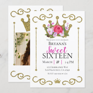 Gold Glitter Crown Floral Photo Sweet 16 Party Invitation