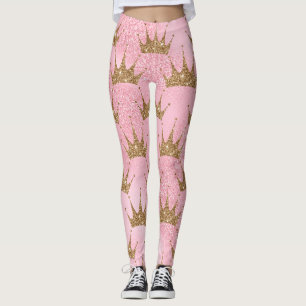 Gold Glitter Crowns With A Pink Glitter Background Leggings