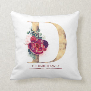 Gold Glitter D Monogram Floral Burgundy Red Throw Pillow