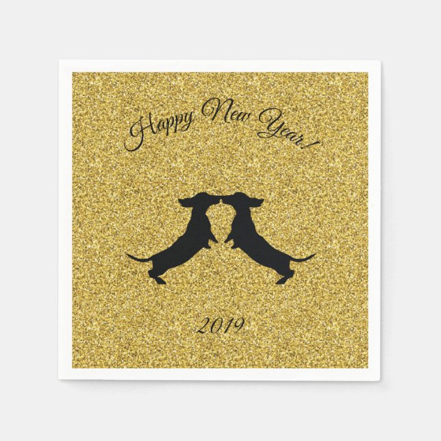 Gold Glitter Dachshund New Year Party Napkins (Front)