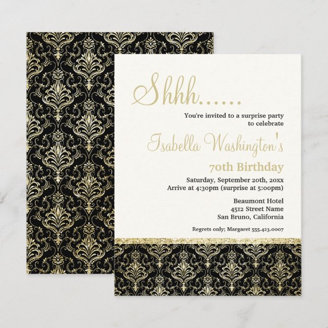 Gold Glitter Damask 70th Surprise Birthday Party Invitation (Front/Back)