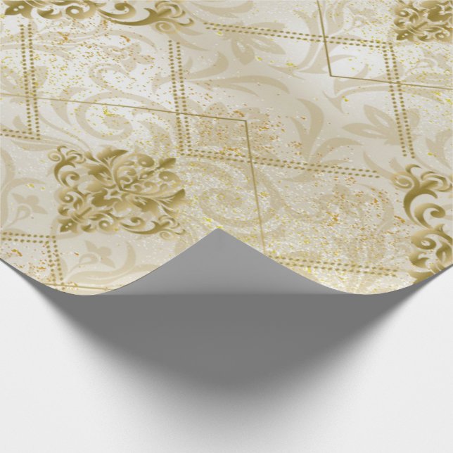 Gold Glitter Damask Christmas Xmas Holiday Wrapping Paper (Corner)