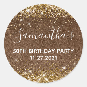 Gold Glitter Dark Brown Leather 50th Birthday Classic Round Sticker