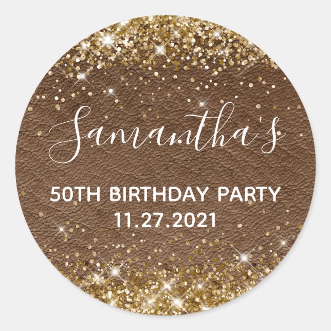 Gold Glitter Dark Brown Leather 50th Birthday Classic Round Sticker (Front)