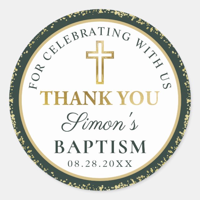Gold Glitter Dark Green Baptism Thank You Classic Round Sticker (Front)