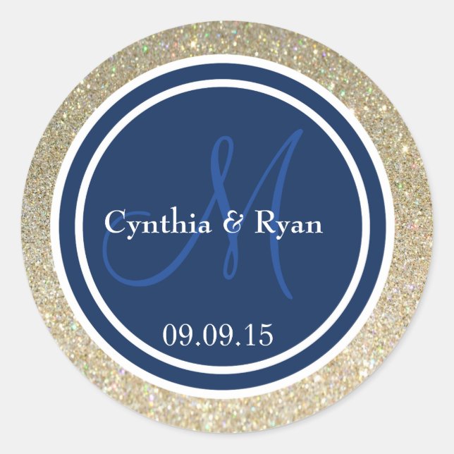 Gold Glitter & Dark Navy Blue Wedding Monogram Classic Round Sticker (Front)
