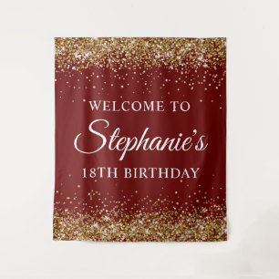 Gold Glitter Dark Red 18th Birthday Party Welcome Tapestry