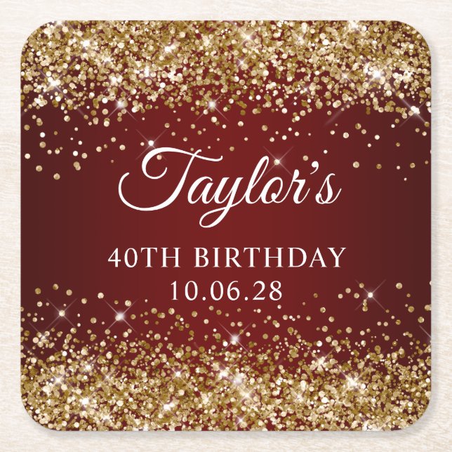 Gold Glitter Dark Red 40th Birthday Square Paper Coaster (Front)