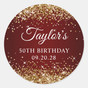 Gold Glitter Dark Red 50th Birthday Classic Round Sticker