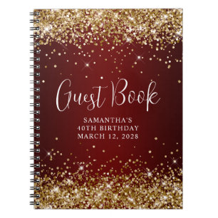 Gold Glitter Dark Red Ombre 40th Birthday Guest Notebook